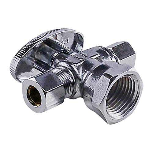 Image of Midline Valve 86311QS-OM-5 Water Supply Angle Stop Valve; Dual Outlet; Quarter Turn Wheel; for Toilet, Sink, Dishwasher; 1 /2'' FIP x 3 /8'' x 3 /8'' Compression; Chrome Plated Brass (5 PK)