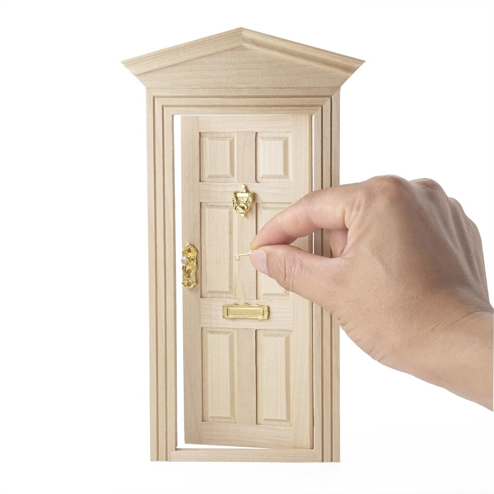 Odoria Dollhouse Front Door Miniature: 1/12 Scale Panel Doors for Elf Fairy Garden Outdoor - Mini Golden Knocker Lock Mail Slot Set - Tiny Unfinished Furniture Wood, Pointed Top, Inswing