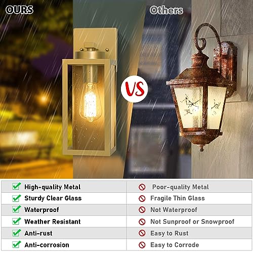 Image of BesLowe Outdoor Wall Light Fixtures, Gold Exterior Wall Lanterns | Waterproof Metal Construction, Rust-resistant, Quick & Easy Installation, Clear Glass Shades & Standard E26 Socket