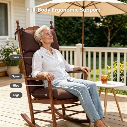 Image of QILLOWAY Outdoor Rocking Chair Cushions Set of 4, 100% Polyester Waterproof Patio Rocking Chair Cushion, High Back Weatherproof Chair Pad for Adirondack & Outdoor Furniture, Coffee