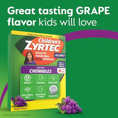 Zyrtec Children's Dye-Free Chewables for 24 Hour Allergy Relief, 10 mg Cetirizine Hydrochloride Antihistamine Tablets, Kids Allergy Medicine Relieves Sneezing & Itchy Throat, Grape, 24 ct - image 2