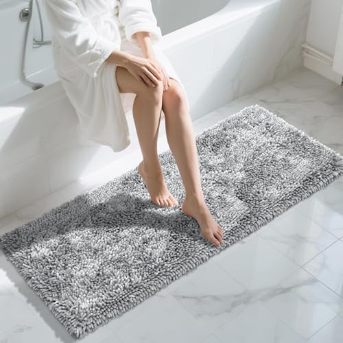 Image of Yimobra Long Bathroom Rugs Runner 60x24 Inch, Extra Thick Soft Absorbent Chenille Bath Mat, Non Slip Machine Washable, Quick Dry Bath Rugs for Bathroom Floor, Tub and Shower, Light Grey
