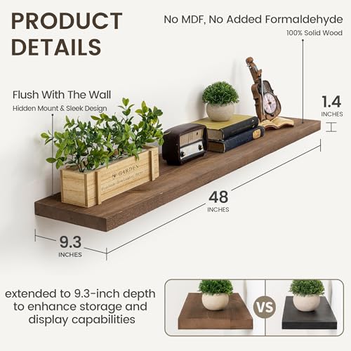 Image of Marsmiles 48 Inch Floating Shelf | 9.3 Inch Deep Dark Wood Wall Shelf Set of 1 | Rustic Reclaimed Wood Shelves for Room Wall | Farmhouse Floating Shelves for Living Room Bathroom