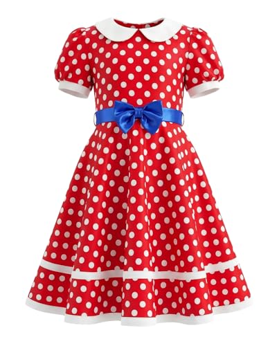 JiAmy Robe Vintage à Pois pour Filles 1950s Rétro Swing Party avec Nœud et Ceinture, Col Claudine, Coupe Trapèze, Style Rockabilly, Robes d'Anniversaire et Mariage pour Enfants Filles 4-10 Ans, Rouge