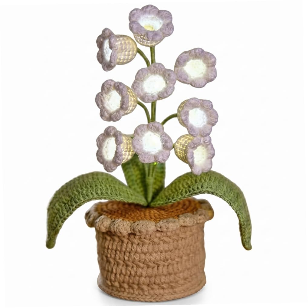 Sjfbebsy Lily of The Valley Lamp, White Crocheted Artificial Flowers Bouquet with 9 Little Night Lights Handcrafted Knitted Plant Flower Light for Home Decor,
