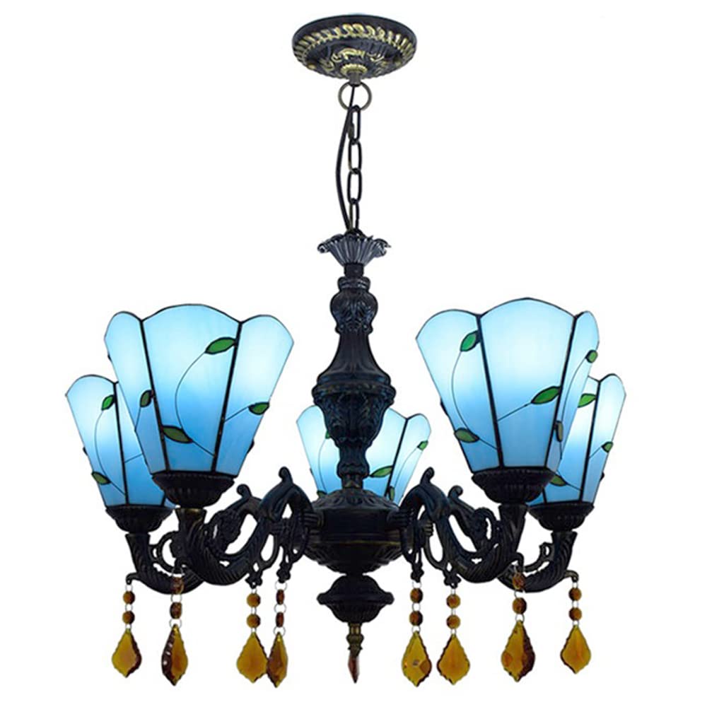 FYZDLAOR Blue Vintage 5-Light Chandelier,Adjustable Pendant Light Light Fixtures,Tiffanystyle Stained Glass Hanging Light Wide 24 Inch with Crystal Pendant