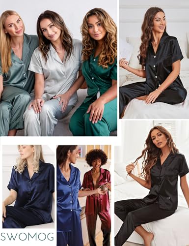 Image of SWOMOG Women Satin Pajamas Set Short Sleeve Top & Pants Sleepwear Silky Button Down Nightwear 2pcs Loungewear Pjs Set
