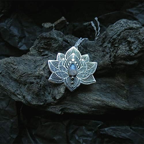 SUKKCCNO Vintage Sterling Silver Moonstone Lotus Necklace Handmade Retro Delicate Engrave Lotus Flower with Teardrop Moon Gemstone Pendant Necklaces Yoga Spiritual Jewelry Gifts for Women - Image 3