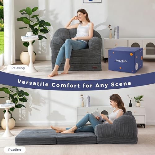 Image of MAXYOYO Folding Sofa Bed, Floral-Shaped Convertible Floor Sofa Couch with Backrest, 2 in 1 Comfy Lounger Bean Bag Chair with Handle, Floor Single Couch for Living Room Bedroom, Dark Grey