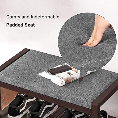 Image of SONGMICS Shoe Rack Bench with Cushion Upholstered Padded Seat, Storage Shelf, Shoe Organizer, Holds Up to 350 lb, Ideal for Entryway Bedroom Living Room Hallway Garage Mud Room Gray and Brown ULBS65C