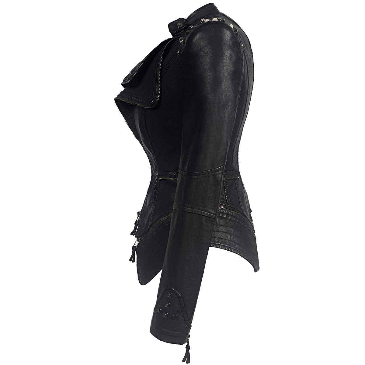 DISSA Veste moto femme en simili cuir Clous Corset Zip | Épaules cloutées, zip asym, zips taille, ourlet pointu, poignets zippés. Veste cloutée, manteau corset