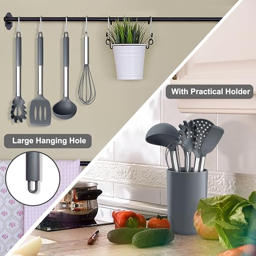 Herogo Kitchen Utensils Set, 9-Piece Silicone Cooking Utensil with Stainless Steel Handle, Heat Resistant Kitchen Cooking Spatula Turner Spoon with Holder, Non-Stick, Easy to Clean - Grey - Image 5