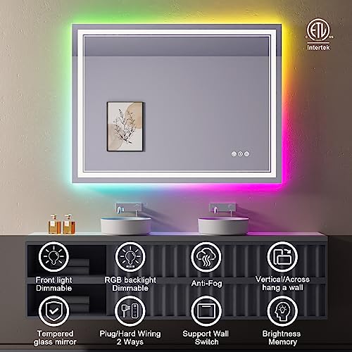 40x30 Inch RGB LED Bathroom Mirror with Lights, Color Changing RGB Backlit LED Mirror for Bathroom,Lighted Vanity Mirrors for Bathroom Wall, Dimmable, Anti-Fog (RGB Backlit+Front-Lit)