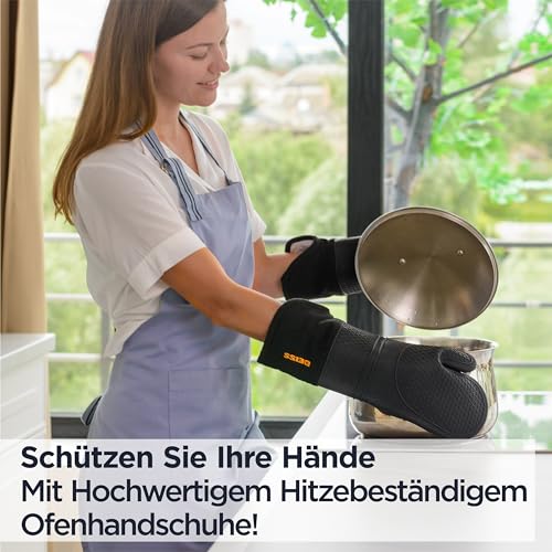 Deiss PRO Hitze- und schmutzabweisendes Silikon-Ofenhandschuh-Set, weiche, baumwollgefütterte Grillhandschuhe, wasserdicht, extra Lange, Flexible, Dicke Küchenhandschuhe zum Kochen