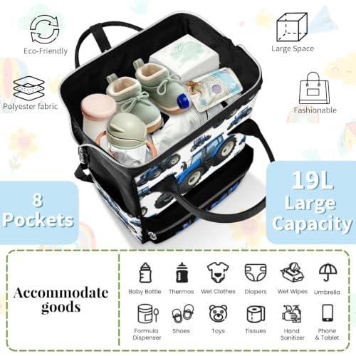 Image of Large Diaper-Bag-Backpack Waterproof Nappy-Bag Baby-Gifts Blue Tractor | Monogrammed Baby Backpack for Traveling Stroller Organizer Mommy Bag for New Parents Personalized Baby Shower Gifts