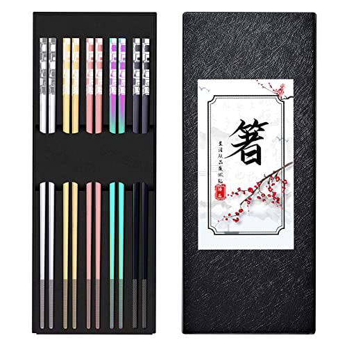 Chopsticks, 5 Pares, Chopsticks Metal, Palillos Chinos Metal, Palillos Chinos Reutilizables, Palillos Chinos Acero, Aptos para Lavavajillas, para el Hogar, Restaurante, Hotel (Embalaje de Regalo) Cover