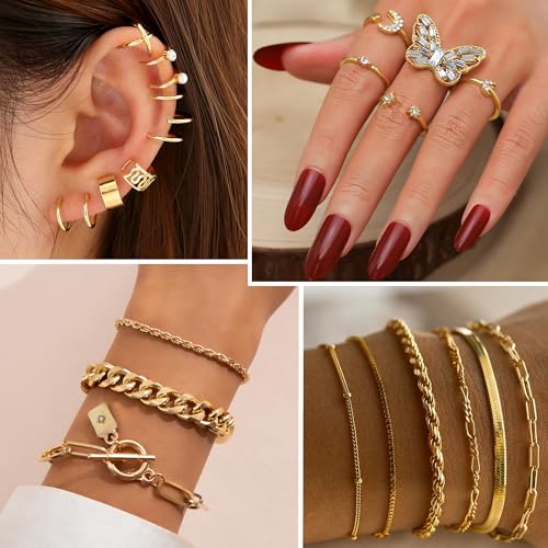93 Pcs Gold Jewelry Set for Women Costume Jewelry Pack Gold Plated Necklace Bracelet Stackable Ring Earrings Jewelry Pack for Women4