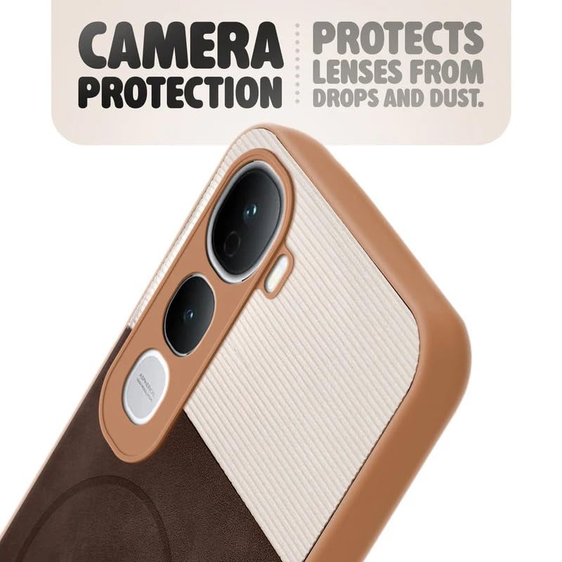Image of Bintage case Dual-Leather Macc-Safe Design Phone Case| Soft Touch Finish | Full Camera Protectection Back Cover Compatible for Vivo V2439 / Vivo Y400Pro - White & Choco Brown