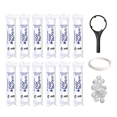 Image of Noir Aqua - 12pcs PP Spun Filter + 1 Spanner + 4 Antiscalant Balls + 2mtr Water Pipe | for All Types of RO Water Purifiers (12 Piece, White, 10 Inch, 5 Micron) - RO Spun Filter Cartridge