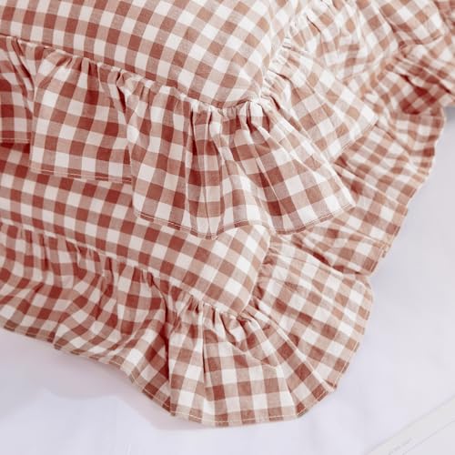 Taupe and White Plaid Ruffle Pillowcases Farmhouse Standard Size Pillow Shams,Classic Checkered Gingham Pillow Cover Washed Cotton Pillow Cases Set of 2, 20"x26",Taupe/White Plaid