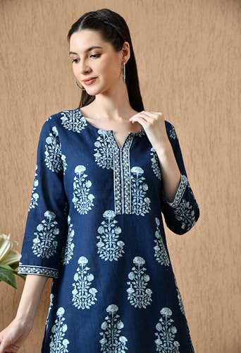 Image of Amazon Brand - Tavasya Women Floral Printed Round Neck Pure Cotton Regular Fit Kurti | Everyday & Office Wear Kurta | Modern Ethnic Top
