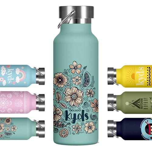 kyds® Cantimplora para niños, termo de acero inoxidable, termo, antigoteo, apta para bebidas carbonatadas, sin BPA, apta para lavavajillas, botella para la escuela y deportes (flores, 650 ml)