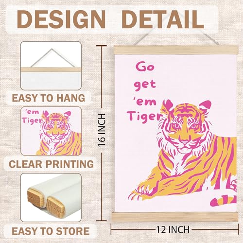 Image of PQKIY Preppy Pink and Orange Tiger Wall Art Poster Hanger Frame 12x16 in, Trendy Girly Y2K Aesthetic Pink Tiger Wall Decor Canvas Prints for Teen Girls Room Dorm Apartment