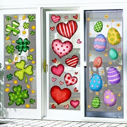 Ivenf Valentines Day Decor Window Clings Set, 9 Sheets Large Red Pink Heart Shamrock Easter Egg Window Decals, Valentines St Patricks Day Easter Decorations for Kids Home School Office Classroom Party Cover