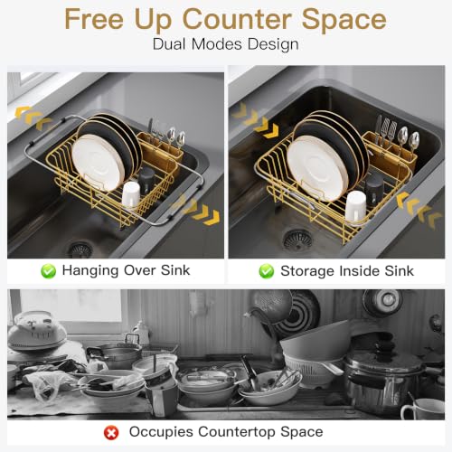 Image of JASIWAY Gold Dish Drying Rack in Sink with Utensil Holder, RV, Apartment
