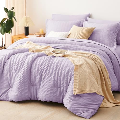 Image of CozyLux Full Size Comforter Sets Light Purple, 7 Pieces Seersucker Textured Luxury Bed in a Bag Lavender, All-Season Bedroom Bedding Sets with Down Alternative Comforter, Sheets, Pillowcases & Shams