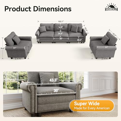 Image of SUNSHINE VALLEY 3-Piece 5-Seater Cloud Modular Sofa Set with Extra Deep & Wider Cushions, Oversized Mid-Century Modern Couch Set with Armchair and Throw Pillows for Living Room, Linen Dark Grey