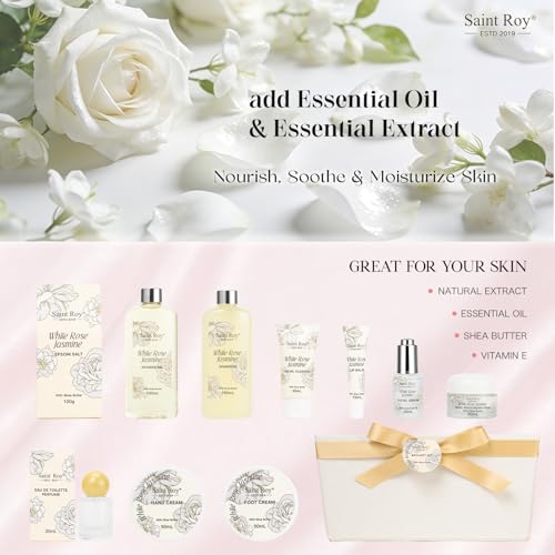 Image of 37Pcs Spa Gifts, WHITE ROSE JASMINE Bath & Body Gift Basket, Face Skin Kit | Home Spa Gift Set for Women, Self-Care Kit, Beauty Care Kit, Spa Bath Kit with Necklace, Birthday, Christmas, Anniversary