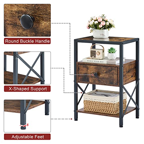 Tajsoon Night Stand With Drawer Bedside Table With Storage Shelf And X-Design Side, 3-Tier Side Table End Table For Bedroom Living Room, Rustic Brown&Black #TOP3