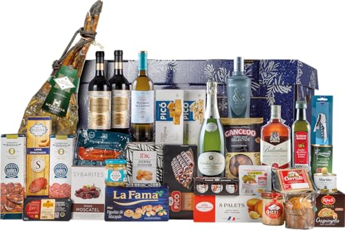 Arcón Cartón Cesta de Navidad 31 productos con vinos, paleta de jamón y otros