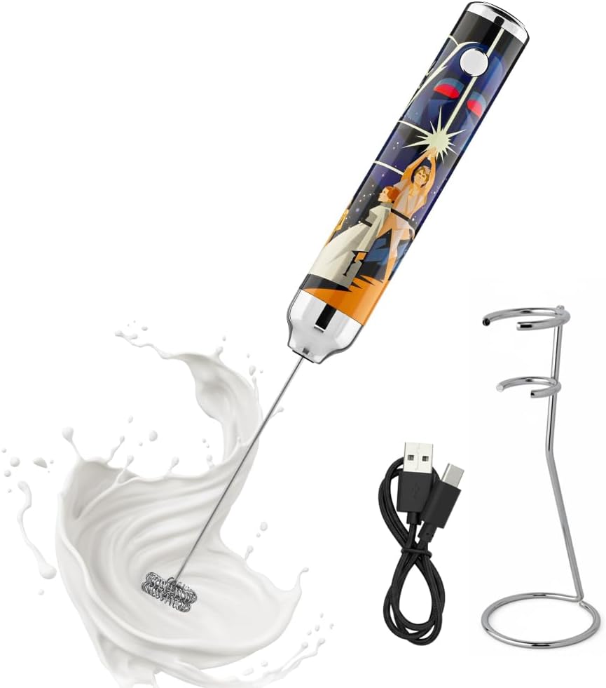 Star Wars New Hope Rechargeable Milk Frother with Stand by Select Brands – Vintage Design, Detachable Stainless Steel Whisk, USB-C Cordless Handheld Frother for Lattes, Cappuccinos and Matcha