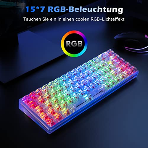 TECURS Mechanische Tastatur, RGB Gaming Tastatur Kabellos mit transparenter PC-Tastenkappe, 65% TKL Tastatur QWERTZ (Deutsch Layout) mit Rote Schalter für PC/MAC/iPad/Laptop/Xbox One – Bild 4