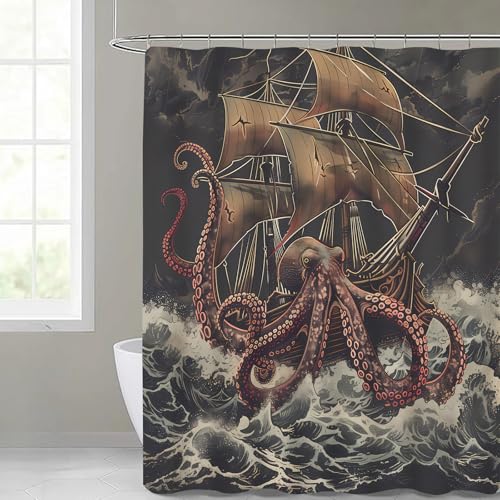 MIEPOS Nautischer Piraten-Oktopus-Ozean-Duschvorhang für Badezimmer, Heimdekoration, mit Seemonsterschiff, schwarze Strandvorhänge, 182,9 x 182,9 cm, mit 12 Haken, wasserdichtes Polyestergewebe,