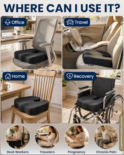 Image of 5 STARS UNITED Seat Cushion - Memory Foam Chair Cushion for Tailbone Pain Relief - Ergonomic Support for Coccyx, Sciatica & Butt - Office, Desk & Gaming Chair, Car Seat, Wheelchair, Airplane, Black
