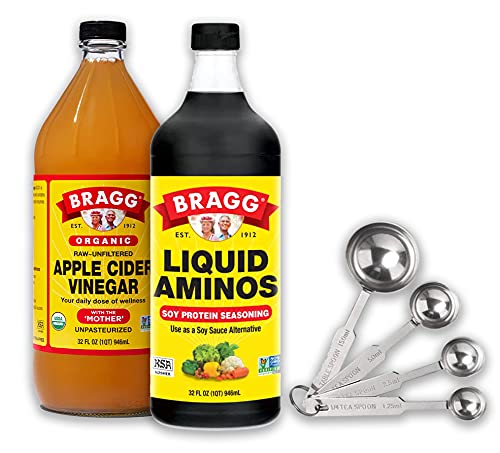 Healthy Seasoning Bundle: Braggs Liquid Aminos 32oz, Braggs Apple Cider 32 oz Organic Vinegar, and set of Stainless Steel measuring Spoons with Holder Set.