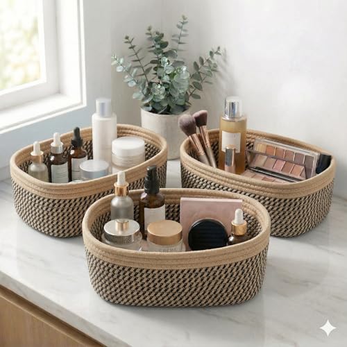 Image of 100% Natural Jute small box mini rope paper storage Round hamper baby nursery tray bucket for Living Kitchen, Office, Drawing Room,fruits, kitchen, office, (black beige 3 set)