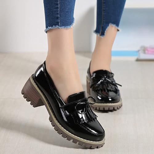 Kkdom Women's Classic Tassel Platform Chunky Heel Penny Loafers Slip On Round Toe Patent Leather Oxfords Dress Shoes Black #TOP5