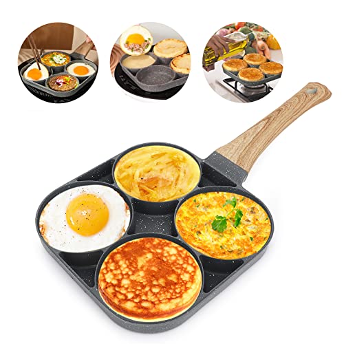 LOMUG Poêle à 4 Emplacements, Poele a Pancakes, Poele Oeuf au Plat, Poêle à Crêpes Poêle à Omelette Antiadhésive en Aluminium pour Petit-déjeuner Oeuf Au Plat Hamburger pour Cuisinière à Gaz Induction