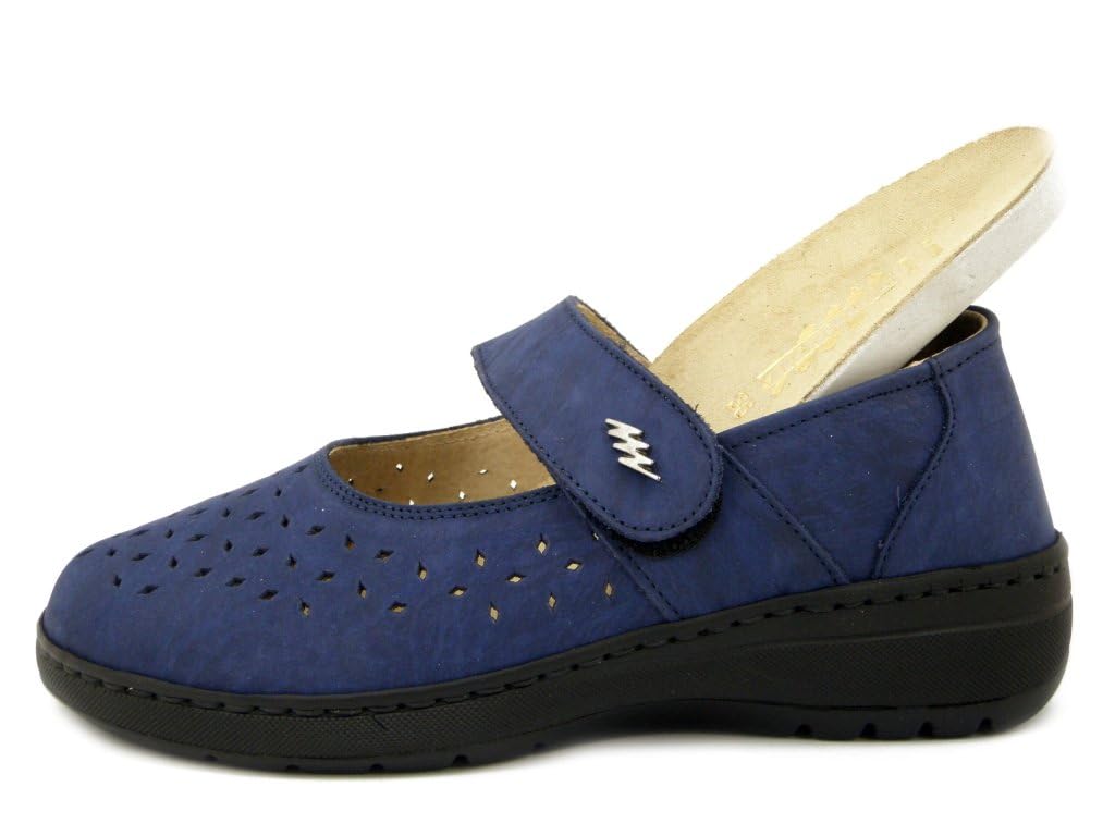Scarpe Donna Ballerine con Strap in Pelle Blu, Linea Ortopedica, Pianta Larga e Plantare Estraibile, 9152