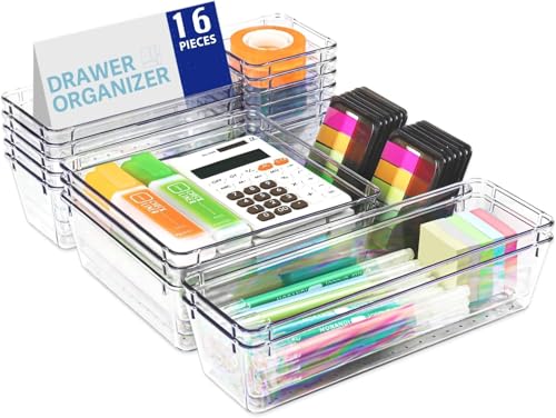 Image of UCRAVO 16Pcs Acrylic Storage Drawer Organizer, Dustproof Pen and Marker Storage Organizer for Desk, Clear Makeup Drawer Organizers with Drawers Tray for Art Crafts, Marker