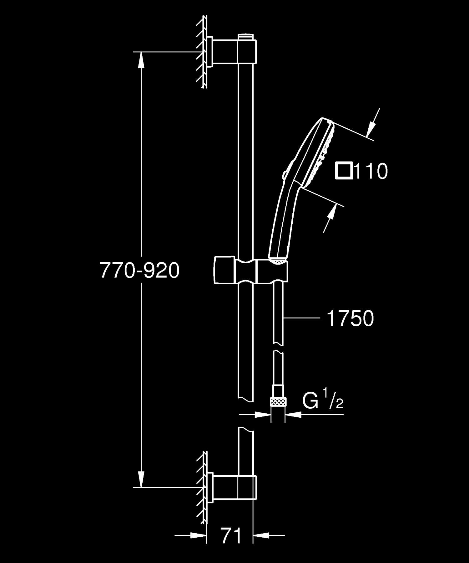 GROHE Vitalio Comfort 110 QuickFix - Set doccia (Doccino Doccia quadrata 11 cm, 2 getti, flessibile doccia da 1,75 m, asta da 90 cm, facile da installare con GROHE QuickGlue), nero opaco, 269302431