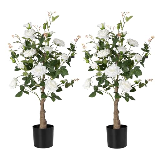 Howngyesimu Artificial Rose Flower Trees 2 Pack- 38&rsquo;&rsquo; Lifelike Plant in Pot with White Flowers...