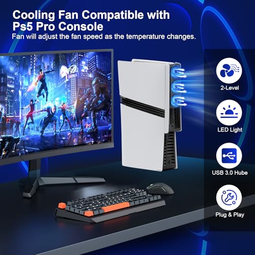 Image of Cooling Fan for PS5 Pro,Upgraded Quiet Cooler Fan,Auto On /Off Cooling Accessories with Adjustable Speed,LED Light,USB 3.0 Port for PlayStation 5 Pro Disc /Digital (Not for PS5 /PS5 Slim)