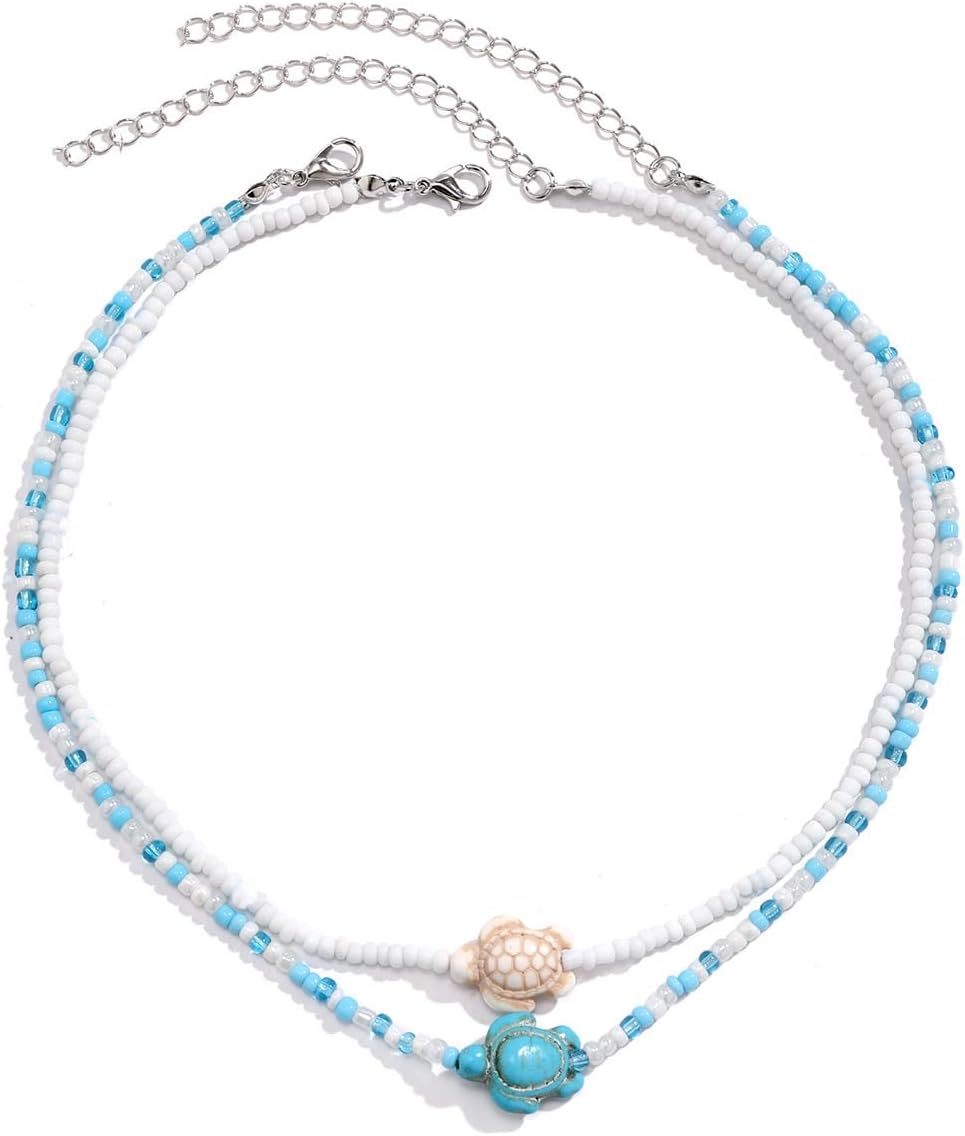 Colorful Beaded Choker Necklace for Women Bohemian Starfish Turtle Shell Layered Necklace Handmade Adjustable Colorful Rice Beads Charm Choker Necklace Boho Beach Summer Ocean Hawaii Jewelry