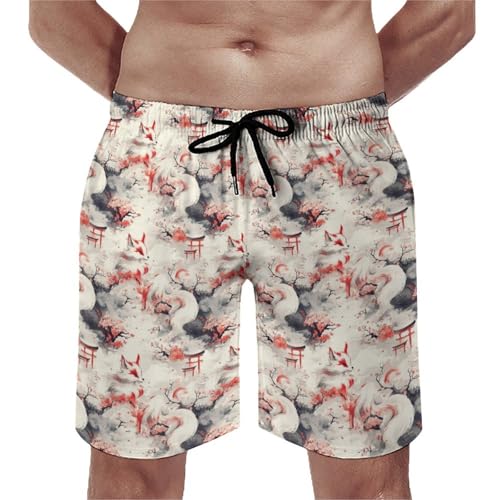 Hawaiian Shorts for Men - Comfy Ink Style Fox Print Mens Swim Trunks Bathing Suits with Mesh Lining