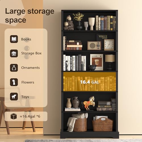 Image of TVU 6-Tier Wooden Bookshelf, 77.2 inch Tall Farmhouse Style Open Bookcase, 31.5 inch W Standing Book Shelf with Storage, Suitable for Study, Living Room, Office, Blcak